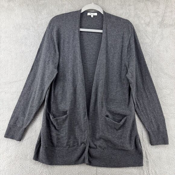 Madewell Cardigan Womens L Gray Sweater Open Front Pockets Mid Length Stretchy - Picture 1 of 14